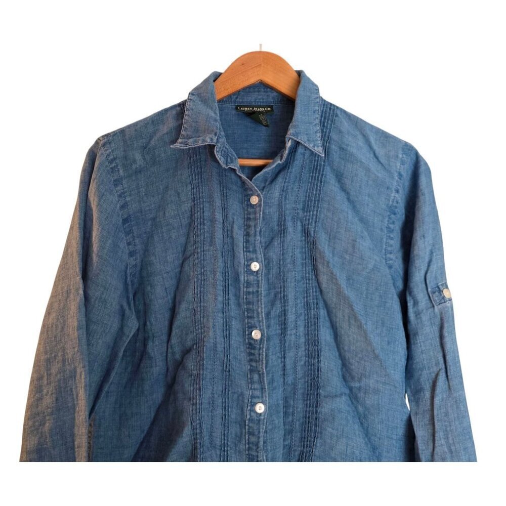 Women's - Lauren Jeans Co. Blue Linen Button Down Shirt, Size Medium - Picture 3 of 6
